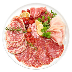 Gourmet Meat and Cheese Charcuterie Board Arrangement with Fresh Fruit and Herbs