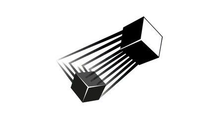 Geometric abstraction featuring cubes connected by parallel lines on a white background