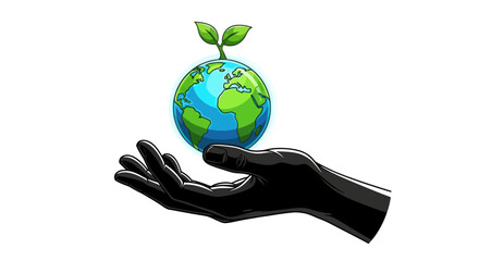 Hand holding the Earth with a sprout symbolizing environmental care and responsibility for future
