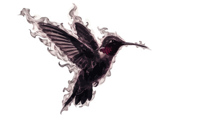 Hummingbird in flight captured with wisps of smoke elegantly framing its form against white backdrop © happy
