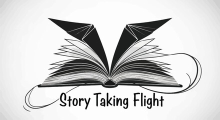 Imagination unfolds: Open book illustration with stylized wings and swirling lines evokes fantasy