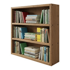 A rustic wooden bookshelf filled with a diverse collection of books in various colors and sizes, perfect for home decor or library concepts.