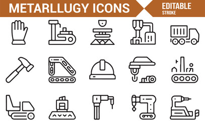 Editable stroke metallurgy icons set with factory, hammer, welding, crane, and gear