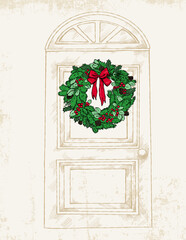 Hand-drawn illustration of an entrance door decorated with a Christmas wreath.