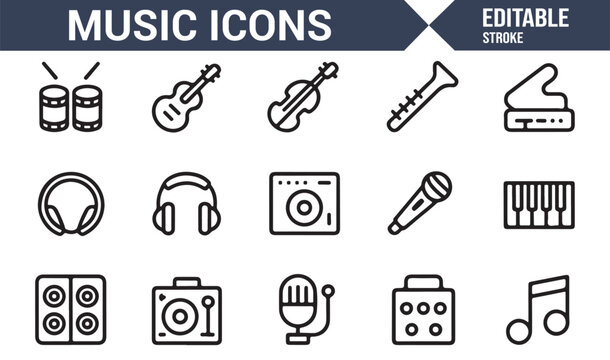 Minimal music icons set including melody, rhythm, entertainment, and sound symbols