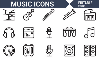 Music equipment icon pack with sound, amplifier, headphones, and audio recording