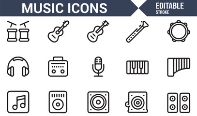 Editable thin stroke line icons of instruments and music performance tools © SAKINA