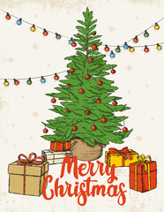 Hand-drawn vintage-style illustration with a Christmas tree, garlands and Christmas gifts on a light textured background..
