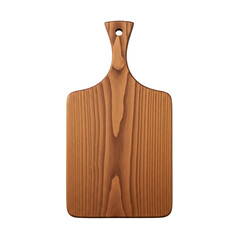 A natural wooden cutting board featuring a distinct wood grain and a convenient handle with a hanging hole. Ideal for kitchen food preparation or serving.
