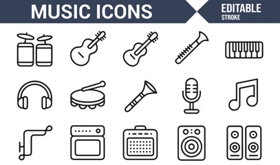 Editable outline music icons of sound equipment, band instruments, and singing gear