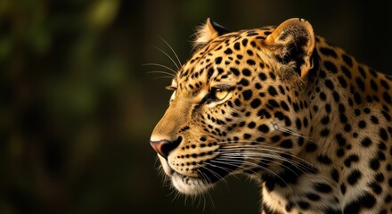 Obraz premium Leopard portrait, side profile, spotted coat, blurred leafy background