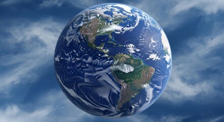 Planet earth against a blue sky with clouds highlighting the americas