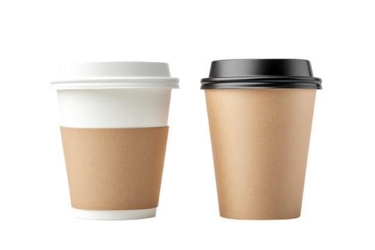 Two disposable coffee cups in a brown and white color scheme against a white background.