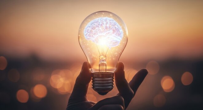 Innovative mindset concept with brain inside light bulb at sunset - creative idea, inspiration, innovation, and intelligence visualization