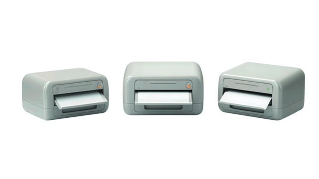 Compact office printer set in muted gray, soft edges and minimal control panels, arranged at three different angles for variation, isolated on transparent background.
