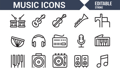 Editable stroke music icons set with guitar, piano, violin, drums, and microphone