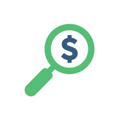 Obraz premium Green magnifying glass icon with a blue dollar sign, symbolizing financial search, investment, and economic analysis. Ideal for business and finance concepts.