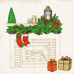 Hand-drawn illustration of a fireplace decorated with Christmas accessories and gifts.
