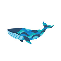An illustration of a blue whale featuring a decorative wave pattern in various shades of blue and teal. Ideal for ocean conservation or marine life themes.