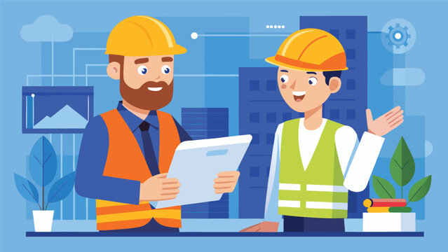 Construction professionals discuss project details in an urban environment during daylight hours