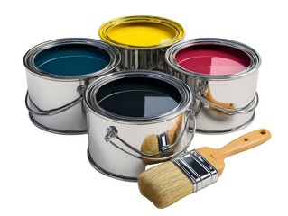 Vibrant cans of paint arranged with brush showcase creative artistry on transparent field