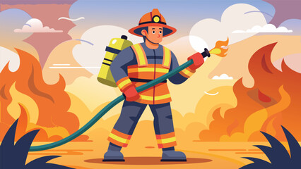Fototapeta premium Firefighter battling wildfires with determination in an animated landscape during daylight hours