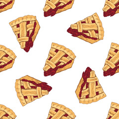 Hand drawn vintage seamless pattern of cherry pie slices with lattice crust in color vector food illustration