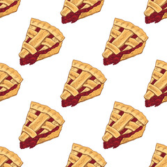 Hand drawn vintage seamless pattern of cherry pie slices with lattice crust in color vector food illustration