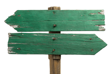 Green signpost boards pointing in opposite directions, rustic wood texture with white arrows and slightly aged edges, isolated on transparent background.
