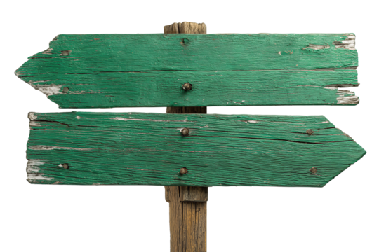 Green signpost boards pointing in opposite directions, rustic wood texture with white arrows and slightly aged edges, isolated on transparent background.
