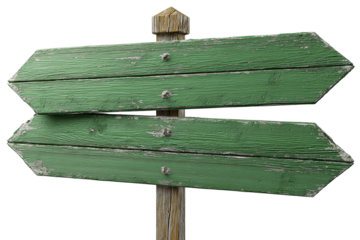 Green signpost boards pointing in opposite directions, rustic wood texture with white arrows and slightly aged edges, isolated on transparent background.