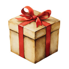 Watercolor gift box with elegant ribbon isolated on transparent background, perfect for festive
