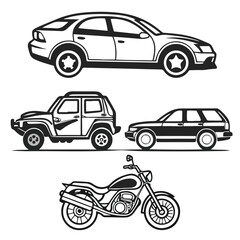 Naklejka premium Motorcycles and cars illustrated in outline style, showing vehicle diversity and automotive lifestyle