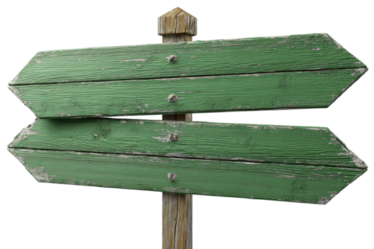 Green signpost boards pointing in opposite directions, rustic wood texture with white arrows and slightly aged edges, isolated on transparent background.
