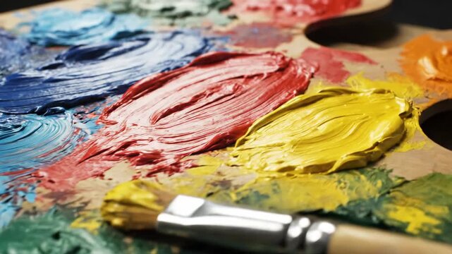 Closeup of a painters palette with dabs of blue red yellow and green paint and a brush with yellow paint
