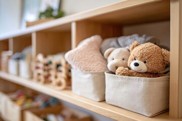 Cozy children's room with soft toys and storage