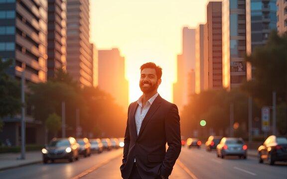 Happy wealthy rich successful indian business man standing in big city modern skyscrapers street on sunset thinking of successful future vision, dreaming of new investment opportunities concept.