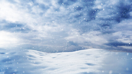 Winter snowfall over snowy landscape covered in snow. Snowflakes falling