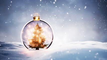 Christmas tree ornament and holiday lights in glass bauble in snow during snowfall