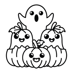 Obraz premium Cute Kawaii Halloween Ghost and Pumpkins Outline Illustration vector