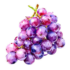 A close-up digital illustration of a bunch of ripe, purple grapes against a white background, showcasing their polygonal facets and vibrant color palette