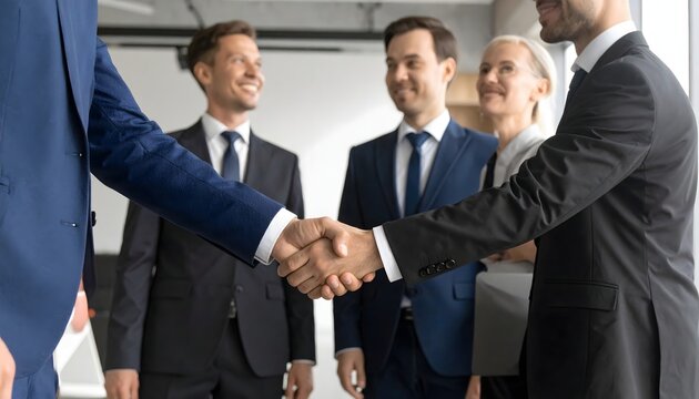A group of diverse professionals in business attire shaking hands to seal a deal after a successful meeting in a modern office, with blurred colleagues in the background
