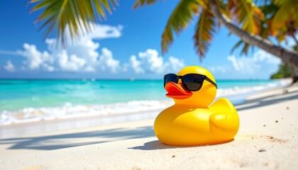 A yellow rubber duck in sunglasses lounges on a beach&mdash;palm trees, turquoise waves, and sun overhead. A whimsical metaphor for playful detachment and the choreography of curated leisure.