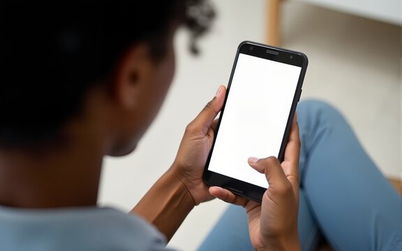 Over shoulder view of Afro woman student holding mobile phone with white blank mock up cellular screen applications working elearning using smartphone. Cellphone display mock up for advertising.