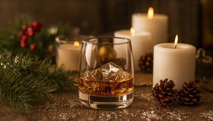 Whiskey Glass Surrounded by Holiday Cheer and Candles