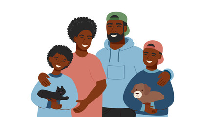 Illustration of black skin family isolated on white background. Father, mother, two children and pets. Family concept. Vector flat clipart.
