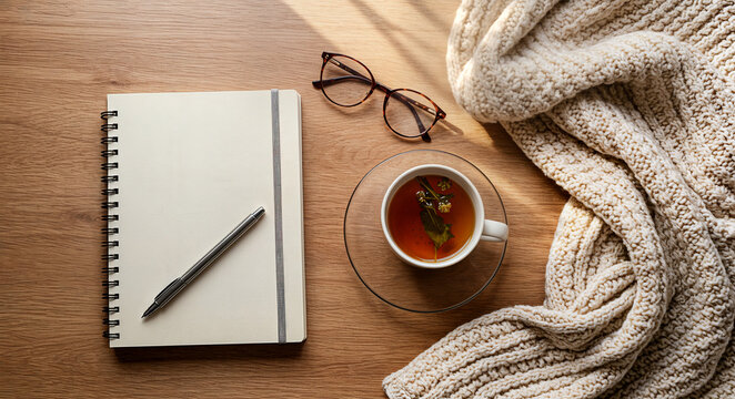 Cozy flatlay with notebook, pen, tea, and glasses on wooden table - Powered by Adobe