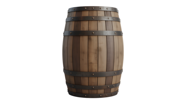 Wooden barrel with metal bands perfect for brewery, distillery, or rustic themed projects