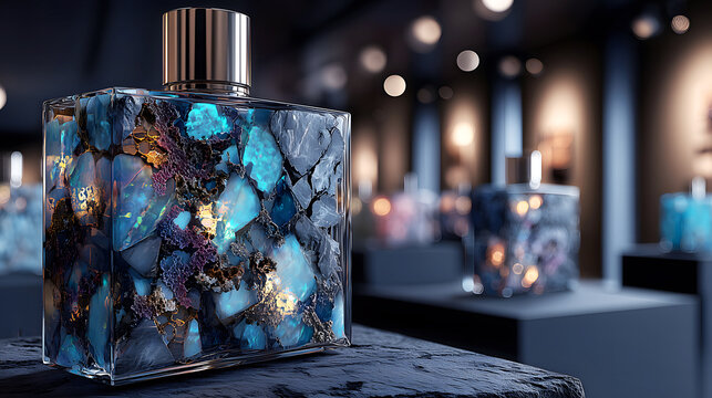 Gem-Textured Square Perfume Bottle, High-End Gallery Lighting Background, Luxurious Aesthetic Luxury Beauty Container Display