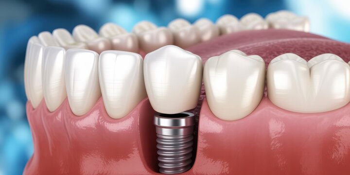 Dental Implant: A detailed dental rendering showcases a single, immaculate dental implant, replacing a missing tooth, illustrating modern dentistry and oral health.